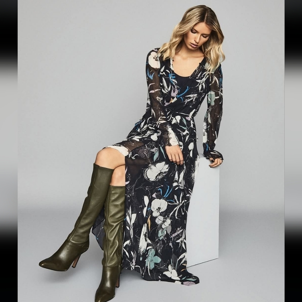 Reiss Carina Sheer Floral Maxi Dress Size 6 Long Sleeve Asymmetrical Hem EUC